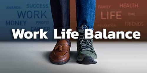 Work Life Balance Concept. Low Section of a Man Standing with Half of Working Shoes and Casual Traveling Shoes, Blurred Text on the Wall as background